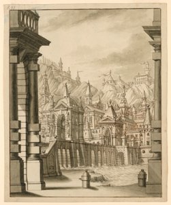 Scenedesign, by på bakke med bygninger med tårne af Bibiena Family, 1657