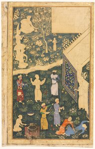 Musikere og tjenere uden for en kongelig lejr recto, ca. 1485. af Bihzad