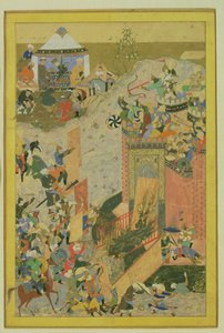 Angreb på et slot, persisk, timuridisk periode (1370-1506) ca. 1475-1500 (wc og bladguld på papir) af Bihzad attr. to Bihzad attr. to
