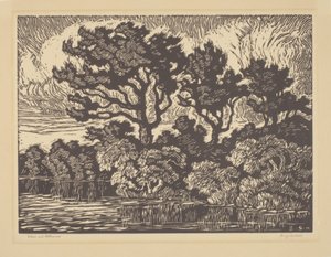 Willow and Cottonwood, ca. 1931 (linoleumssnit) af Birger Sandzen