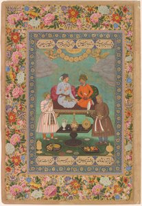 Jahangir underholder Shah Abbas fra Skt. Petersborg-albummet, ca. 1620 (akvarel, guld, blæk på papir) af Bishandas