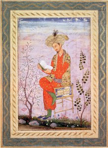 Babur (r.1526-30) Reading, Mughal (akvarel på papir) af Bishn Das