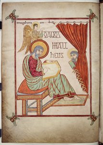 Bomuld Nero D. IV, f.25v St. Matthæus, skrift, med sit symbol, fra Lindisfarne-evangelierne, 710-721 (vellum) af Bishop of Lindisfarne Eadfrith