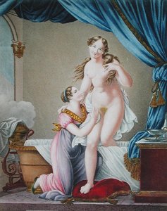 Kvinde, der kommer ud af sit bad, assisteret af sin stuepige, ca. 1820 (farvegravering) af Blaizot (after)