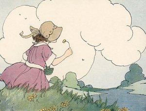 Ung pige, der lugter en vildblomst mod en sommerhimmel