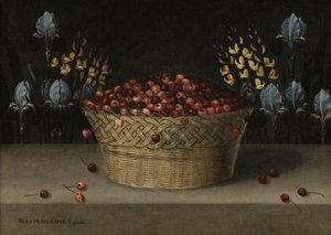 Stilleben med kirsebær, lupin og iris, ca. 1610 (olie på lærred) af Blas de Ledesma