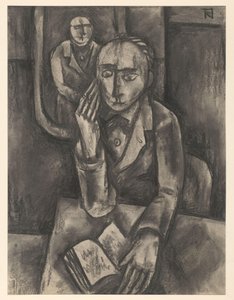 Mand sidder ved bordet med en åben bog af Bob Hanf (signed by artist)