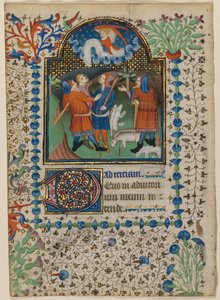 Blad fra en timebog: Bebudelse til hyrderne recto og tekst verso, ca. 1410-20. af Boethius Illuminator