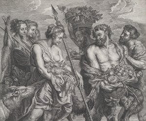 Diana, der vender tilbage fra jagten, ledsaget af hunde og hendes nymfer til venstre, sad to..., ca. 1640-59.