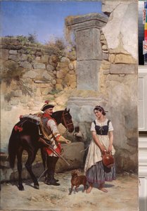 Scene ved brønden - Maleri af Gottfried (Bogdan Pavlovich) Willewalde (1818-1903), olie på lærred