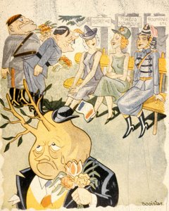 Tegneserie, der skildrer Tyskland, der bejler til kvinder, som personifikationer af Østrig, Tjekkoslovakiet og Rumænien af Bogislas