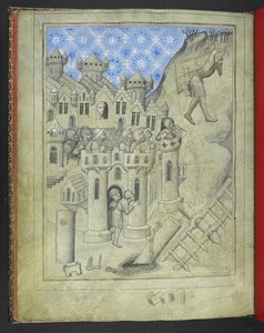 Tilføj 24189. f.16v, Samson, der bærer Gazas porte, overvåget fra bymurene af pansrede soldater og, ved et vindue, Delilah, fra 
