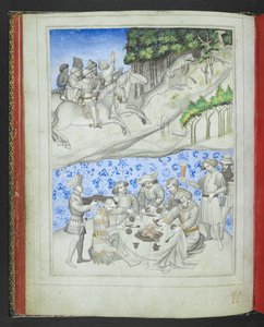 Tilføj 24189, f.5v, Rekreation på Cypern med, over, en hjortejagt ved hjælp af leoparder og, forneden, en fest, fra 