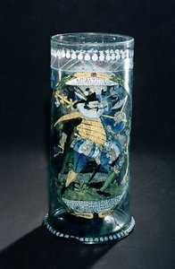 Humpen (højt bægerglas) med emaljeret dekoration af en jæger og en kvinde, ca. 1594 (glas)