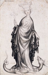 Saint Margaret of Antioch (død omkring 305) (Saint Margaret) (hun holder et krucifiks og tramper en drage) - Værk af en bøhmisk mester (aktiv 1410-1420), blyant og pensel på papir (21,4x14 cm) , omkring 1410 - Szepmuveszeti Muzeum, Budapest (Ungarn)