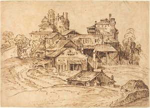 Udsigt over en italiensk by (efter Tizian eller Domenico Campagnola) af Bolognese 17th Century