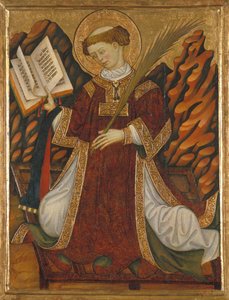 Sankt Laurentius af Rom (omkring 210-258) (i kostume af en diakon, der læser i Bibelen og holder martyrernes håndflade, knælende på grillen af ​​hans tortur) - Maleri af Bonanat Zaortiga (aktivt 1400-tal), tempera på træ (80,2x62 cm), omkring 1430 - Saint 