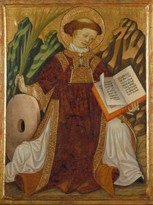 Sankt Vincent af Zaragoza (4. århundrede) (i kostume af en diakon, der læser Bibelen og holder martyrernes håndflade, nær møllestenen af ​​hans tortur) - Maleri af Bonanat Zaortiga (aktivt 15. århundrede), tempera på træ (80,2x61) , 5 cm), omkring 1430 - S