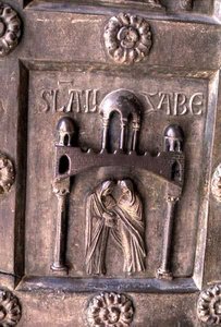 Panel, der viser visitationen på Porta di S. Ranieri af Bonannus of Pisa