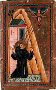 Sankt Francois af Assisis liv "" Sankt Francois modtager stigmatisering""" Jesus Kristus korsfæster fremstår for ham som en serafin. Maleri på træ af Bonaventura Berlinghieri (aktivt omkring 1228-1274), Dim. 80x51 cm Galleria degli Uffizi (Kontorer) Firenz af Bonaventura Berlinghieri