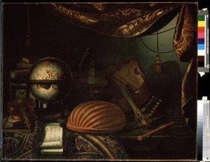 ""Still life with musical instruments"" (Still life with musical instruments) Globus, fløjte, partitur, viol, guitar. Maleri af Bonaventura Bettera (1663-1718) 1715 Pushkin Museum, Moskva af Bonaventura Bettera