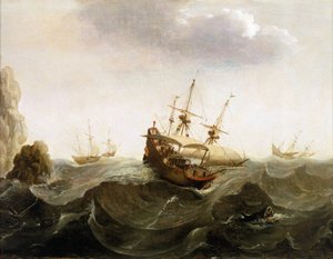Et hollandsk handelsskib til Ostindien lader to sildefiskerbåde passere. Oliemaleri, midten af det 17. århundrede, af Bonaventura Peeters (1614-1652). af Bonaventura Peeters