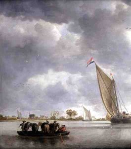 Bygherrer, der reparerer et hus ved en flod af Bonaventura Peeters