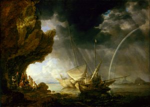 Havbillede med sømænd, der søger ly for en regnstorm, midten af 1600-tallet (olie på panel) af Bonaventura Peeters
