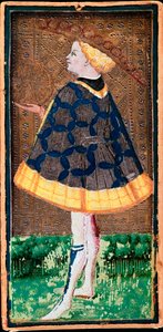 Valet de denier kort. Kort over Tarot-spillet lavet af Bonifacio Bembo (1420-1482) til Filippo Maria Visconti, omkring 1440. Bergamo. Carrara Academy Gallery af Bonifacio Bembo