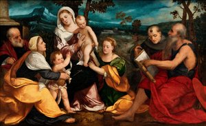 Den hellige familie omgivet af helgener, ca. 1530 (olie på panel)
