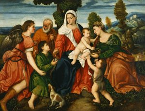 Den hellige familie med Tobias og englen, den hellige Dorothy, Giovannino og kornet mirakel udover