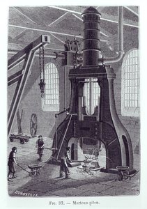 Le Creusot Power Hammer, illustration til en bog om industrielle maskiner, ca. 1880 (bw-billede) af Bonnafoux
