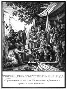 Rurik, Sineus og Truvor. The Invitation of the Varangians, 862 Fra Illustreret Karamzin, 1836