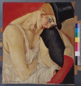 Woman in a Top Hat - Maleri af Boris Dmitrievich Grigoriev (1886-1939), olie på lærred (71x62,5 cm) af Boris Dmitrievich Grigoriev