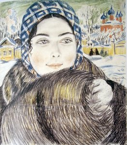 En ung købmandskone i et ternet tørklæde par Kustodiev, Boris Michaylovich (1878-1927) af Boris Mikhailovich Kustodiev