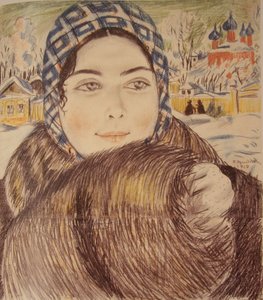 En ung købmandskone i et ternet tørklæde, 1919 af Boris Mikhailovich Kustodiev