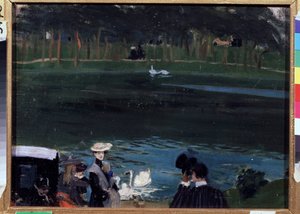 Bois de Boulogne. Søen med svaner og vandrere. Maleri af Boris Michaylovich Kustodiev (Kustodiev) (1878-1927), olie på lærred af Boris Mikhailovich Kustodiev