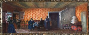 Decor preparatoire pour la piece de theatre ""La mort de Pasukhin"" af Mikhail Saltykov-Shchedrin (Saltykov Shchedrin, Saltykov-Chtchedrine, Saltykov Chtchedrine) (1826-1889) (Scenedesign til teaterstykket Pasukhins død af M. Saltykov-Chtchedrine ). af Boris Mikhailovich Kustodiev