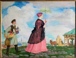 Købmandskvinde med sine indkøb. (Købmandskvinde Med Køb). På tilbagevejen følges den elegante kvinde under sin parasol af en ekspedient, der transporterer hendes indkøb. Maleri af Boris Michaylovich Kustodiev (Kustodiev) (1878-1927), olie af Boris Mikhailovich Kustodiev