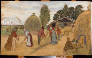 Tærskningen af ​​høsten med slaglen (Tærskegulv) - Værk af Boris Michaylovich Kustodiev (Kousodiev) (1878-1927), pastel på pap, 59x100 cm af Boris Mikhailovich Kustodiev