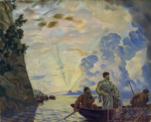 Kosaklederen Stepan (Stenka) Timofeevich Razin (1630-1671) i en båd. Han ledede et oprør mod adelen og det tsaristiske bureaukrati i det sydlige Rusland (Stepan Razin). Maleri af Boris Michaylovich Kustodiev (Kustodiev) (1878-192) af Boris Mikhailovich Kustodiev