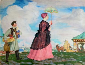 Købmandskvinde med indkøb, 1920 af Boris Mikhailovich Kustodiev