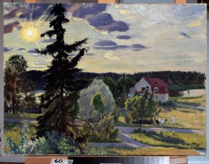 Aftenlandskab. En gruppe børn leger med en bold på græsplænen foran et hus. Maleri af Boris Michaylovich Kustodiev (Kustodiev) (1878-1927), olie på lærred af Boris Mikhailovich Kustodiev