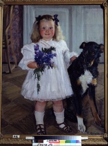Portræt af datteren Irina med hunden Shumka. Maleri af Boris Michaylovich Kustodiev (Kustodiev) (1878-1927), olie på lærred af Boris Mikhailovich Kustodiev