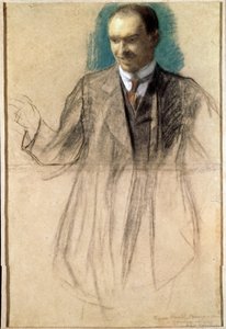 Portræt af kunstneren Kouzma Petrov-Vodkine (Petrov Vodkine) (1878-1939). (Portræt af kunstneren Kusma Petrov Vodkin). Oeuvre af Boris Michaylovich Kustodiev (Koustodiev) (1878-1927), pastel på karton af Boris Mikhailovich Kustodiev