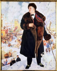 Portræt af sangeren Feodor (Fiodor, Fedor) I. Chaliapin (Chaliapin) (1873-1938) (Portræt af sangeren F.I.Shalyapin). I en pels og hat, ledsaget af en bulldog, der stirrer på ham, står sangeren stolt foran animationerne af en af Boris Mikhailovich Kustodiev