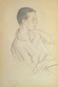 Portræt af Dmitri Dmitrievich Shostakovich (1906-75), 1923 (blyant på papir) af Boris Mikhailovich Kustodiev