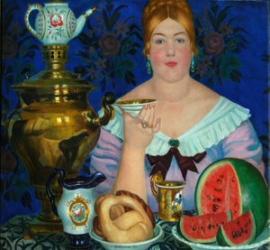 Købmandskonen drikker te, 1923 af Boris Mikhailovich Kustodiev