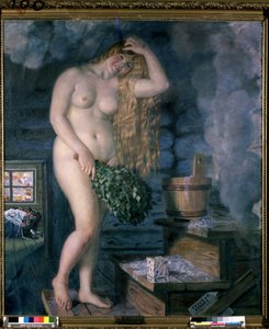 Russisk Venus (russisk Venus). Ung smilende og nøgen kvinde, på badeværelset, sauna type, med en buket grene. Maleri af Boris Michaylovich Kustodiev (Kustodiev) (1878-1927), olie på lærred