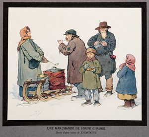 En varm suppesælger, fra Histoire des Soviets, pub. 1922 (farve litho) af Boris Vasilievich Zvorykin